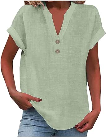 Women's Cotton Linen Cap Sleeve T-Shirt Half Button V Neck Tunic Tops Lounge Baggy Solid Color 2024 Summer Blouse