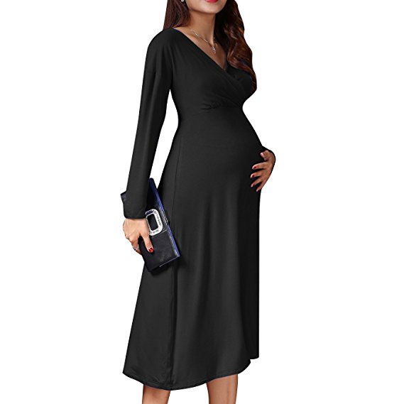 JET-BOND Maternity Wrap Dress Deep V Neck Jersey Midi Swing evening Dress FS60 3/4 Long Sleeves Clothing for Pregnant Women