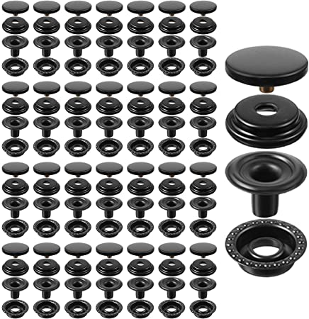 100 Pieces 15 mm Fastener Snap Stainless Steel Snap Buttons Press Stud Button for Marine Boat Canvas Bags Leather Craft Sewing, 4 Components 25 Pieces in Each (Black)