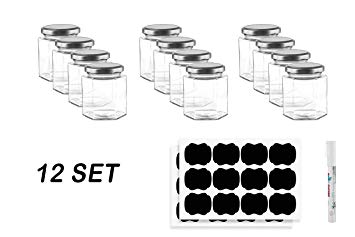 4 oz Small Hexagon Glass Spice Herb Jars with Lids for Baby Food Storage Containers, DIY Home Garage Arts and Crafts, Canning, Wedding Party Favors, Jelly, Sauces & More with Chalk Sticker Labels & Pe