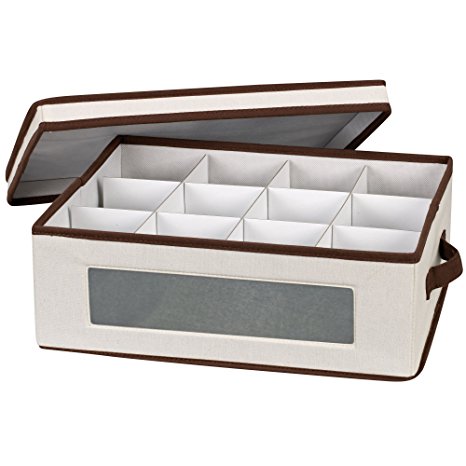 Household Essentials 538 Vision China Storage Box for Tea Cups and Mugs with Lid and Handles - Natural Canvas with Brown Trim