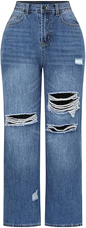 THUNDER STAR Womens High Waisted Wide Leg Jeans Stretchy Distressed Denim Pants