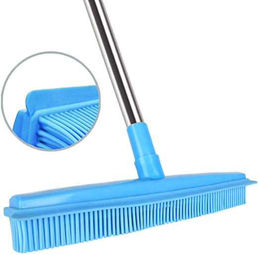 Push Broom Rubber Bristles Sweeper Squeegee Edge 51 inches Adjustable Long Handle Non Scratch Bristle, Indoor Outdoor Broom for Pet Cat Dog Hair Carpet Hardwood Tile Windows Clean Cleaning (Blue)