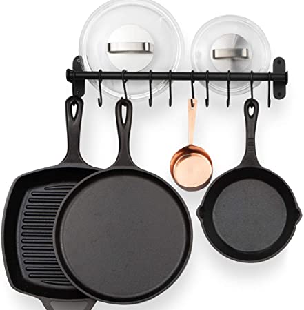 Wallniture Lyon Steel Kitchen Rail with 10 Hooks Wall Mount Pot Pan and Utensil Holder Rack 17” Frosty Black