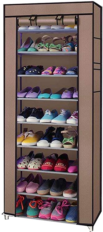 10 Tiers Shoe Rack, 27 Pairs Shoe Tower with Dustproof Cover Closet Shoe Storage Organizer, 22.8" x 11.4" x 63" (Coffee)