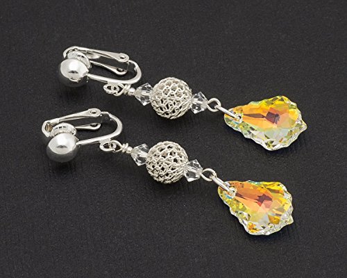 Aurora Borealis Swarovski Elements baroque crystal drop bridal silver clip on earrings