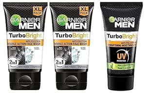 Garnier Men, Face Wash, Brightening & Anti-Pollution, TurboBright Double Action, 300 g (pack of 2) & Moisturiser, Brightening and Anti-Pollution, TurboBright, 40 g