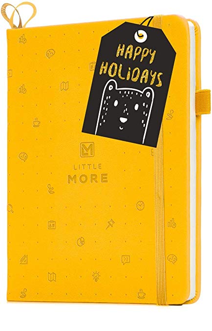 Little More Dot Grid Notebook 4 Colors/Dotted Notebook/Journal Hardcover with Thick Paper - Leather Pocket Bullet Planner (7-5,5) / Small Diary with Numbered Pages & Pen Loop   Stickers (Yellow)