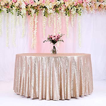 TRLYC 108-Inch Round Wedding Sequin Tablecloth for Wedding Happy New Year-Champagne