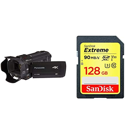 PANASONIC HC-VX981K 4K Camcorder, 20X LEICA DICOMAR Lens, WiFi Smartphone Twin Video Capture (USA Black) with SanDisk Extreme 128GB Card