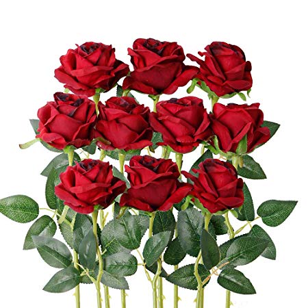 Luyue Artificial Silk Rose Flower Bouquet Wedding Party Home Decor, Pack of 10-Gradient Burgandy