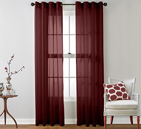 HLC.ME 2 Piece Sheer Window Curtain Grommet Panels (Burgundy, 54" inch Width x 84" inch Length per panel)