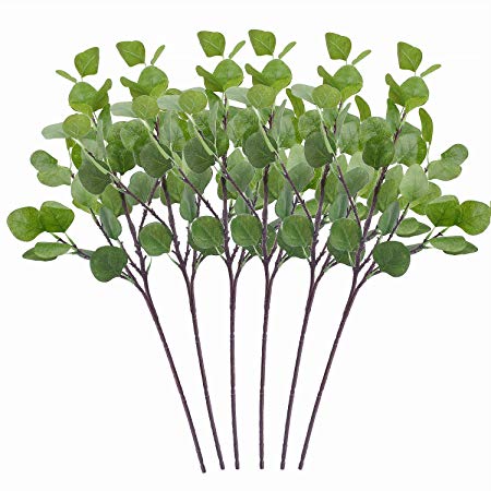 Artificial Greenery Stems 6 Pcs Straight Silver Dollar Eucalyptus Leaf Silk Greenery Bushes Plastic Plants Floral Greenery Stems for Home Party Wedding Decoration (Green)