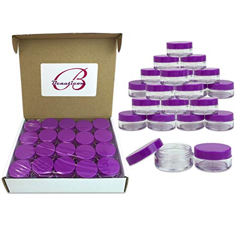 (Quantity: 100 Pieces) Beauticom 10G/10ML Round Clear Jar with Purple Lids for Acrylic Powder, Rhinestones, Charms and Other Nail Accessories - BPA Free