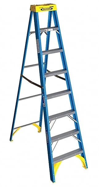 Werner 6008 Type I Fiberglass Step Ladder, 7 Steps, Single-Sided, Blue, 250lb Load Capacity, 8' Length, 25" Base Width, 6.25" Height
