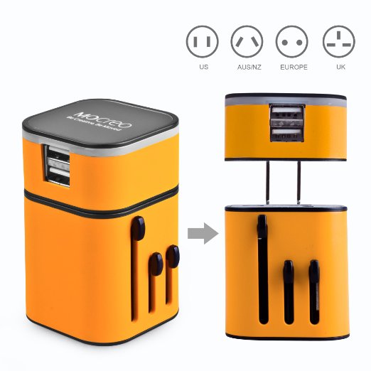 MOCREOTwo USB Detachable Universal World Travel Charger All-in-one UKEUUSAUS Plugs Safety World Travel Adapter 3200mA Dual USB Ports World Travel Charger  Dual USB For Home UseYellow