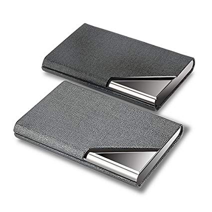 KISSWILL Business Card Holder, 2 Pack PU Leather and Stainless Steel Business Card Case with Magnetic Shut for Men and Women