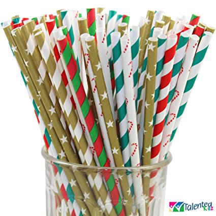 150 Christmas Holiday Paper Straw Combo, 6 Designs - 100% Biodegradable - 7.75 Inches - Holiday Party Supply - 150 Straws, 6 Patterns Individually Packed