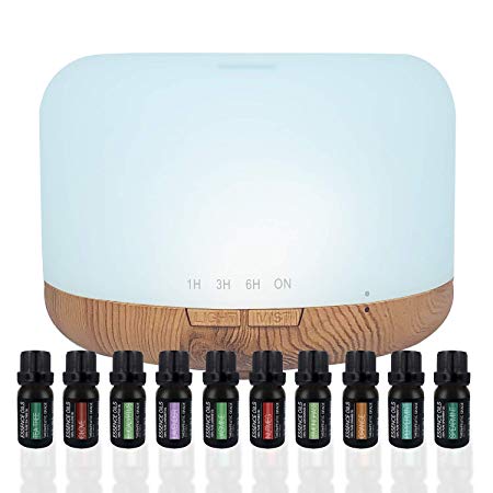 Aromatherapy Diffuser & Essential Oil Set - Ultrasonic Diffuser & Top 10 Essential Oils - 300ml Diffuser with 4 Timer & 7 Ambient Light Settings - Therapeutic Grade Essential Oils