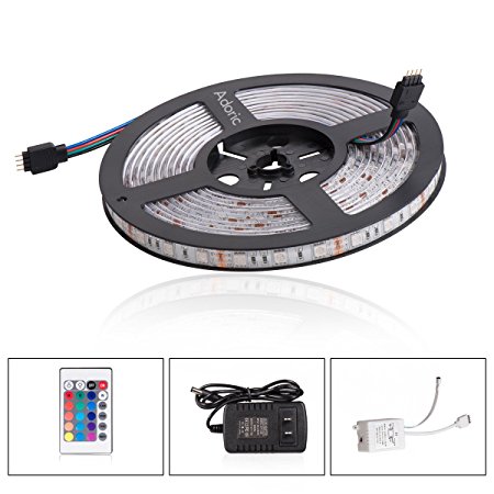 Adoric Led Strip Lighting, 16.6ft/5M Waterproof Flexible Color Changing RGB3528 300 LEDs Full Kit with 24Key Remote and 12V 2A Power Supply