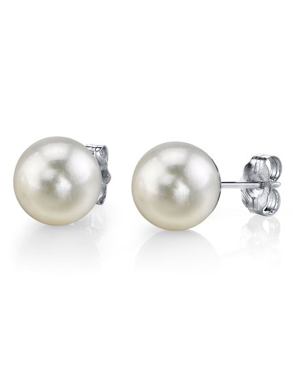 14K Gold White Freshwater Cultured Pearl Stud Earrings - AAA Quality