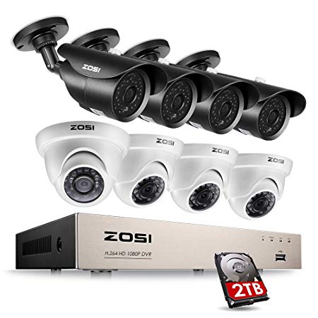 ZOSI 1080P Security System 8 Channel HD-TVI Video Recorder DVR with 8 x 2.0 megapixel Bullet & Dome Waterproof Security Cameras, Day & Night Vision, 2TB Hard Drive, Rmote Access on PC & Smartphone