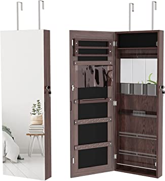 YOLEO Lockable Wardrobe Jewellery Organiser with Full Length Dressing Mirror, Jewelry Cabinet Armoire Organizer Wall Mounted or Over Door Hanging, Larger Capacity Storage Space-Saving Storager Brown