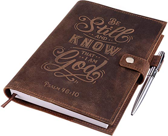 Genuine Leather Journal Notebook - Psalm 46v10 Embossed Inscription – Handcrafted Buffalo Leather Refillable Journal with Premium-Milled Lined Paper – Includes Silver Luxury Pen & Lined Journal Refill