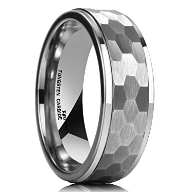 King Will HAMMER 8mm Silver Tungsten Ring Hammer Comfort Fit Faceted Men Wedding Band Polished Step Edge