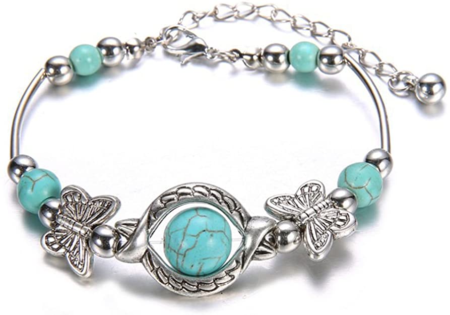 VWH Natural Turquoise Carved Butterfly Pendant Bohemian Women's Bracelet Jewelry (peadant)