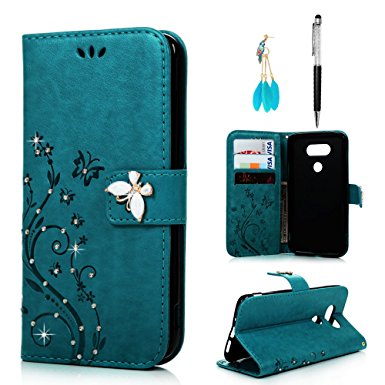 LG G5 Case Wallet, MOLLYCOOCLE PU Leather Wallet Bling Crystal Diamonds Butterfly Embossed Florals Kickstand Magnetic Flip Case Card Holders Slots & Hand Strap Case Cover for LG G5 -Blue