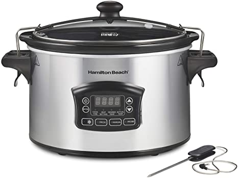 Hamilton Beach 33869 Portable 6-Quart Set & Forget Digital Programmable Slow Cooker with Lid Lock, Defrost Setting, Temperature Probe, Silver