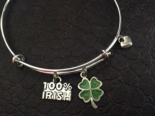 100% Irish Green Four Leaf Clover Silver Expandable Charm Bracelet