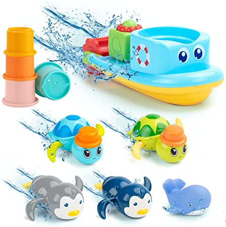 UNIH Bath Toys for 1-5 Year Old Boy Girls Gifts Swim Pool Bath Toys, Fun Baby Bathtub Toy for Toddler, for Baby Boy Birthday Gifts, Stack Cup Toy, Turtle Toy, Penguin Toy, Boat Toy, Whale Toy