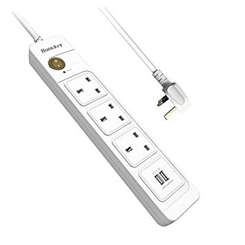 Huntkey Extension Lead, 2 USB Ports 3 Way Power Strip with 2M Power Cord, Child-protective Shutters, USB Outlet for Home & Office