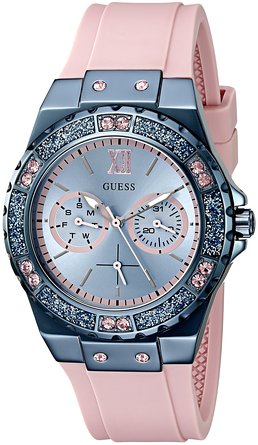 GUESS Women's U0775L5 Iconic Sky Blue Multi-Function Watch on Pink Silicone Strap