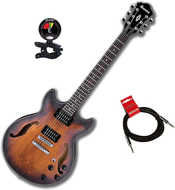 Ibanez AM73BTF Artcore 6 Strings Semi Hollowbody Electric Guitar in Tobacco Flat Package with Clip on Guitar Tuner and Senor Instrument Cable