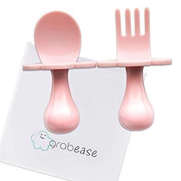 GRABEASE First Self Feed Baby Utensils with a Togo Pouch - Anti-Choke, BPA-Free Baby Spoon and Fork Toddler Utensils - Toddler Silverware for Baby Led Weaning Ages 6 Months , Blush