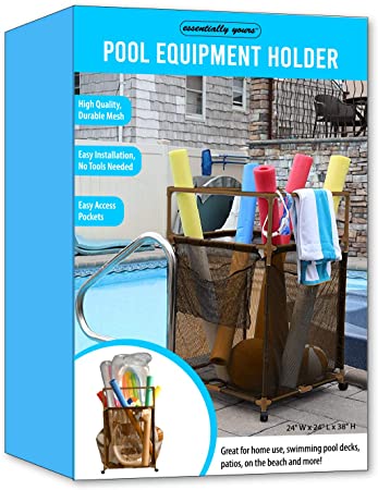 Essentially Yours Rolling Pool Noodle Storage Organizer Bin, Standard Noodle Holder, 24" W x 24" L x 38" H, Brown Mesh/Brown PVC