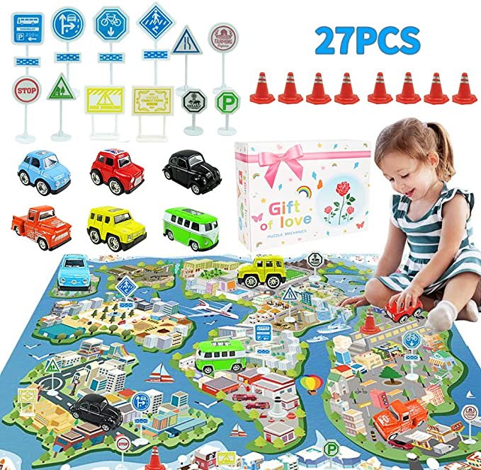 BicycleStore Pull Back Cars, 28 Pieces Metal Die Cast Vehicles Car Toys with 12 Rode Signs Set 31.5 x 27.6 Inch Play Mat No Need Battery Mini Car Models Race Car for Boys Kids Toddlers