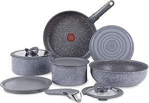 T-fal Ingenio Essentials Cookware Set with Detachable/Removable Handle 11 Piece, Granite Titanium Non Stick, Oven Broiler Safe 500F, Stackable, Pots and Pans Set, Frying Pans, Dishwasher Safe, Gray