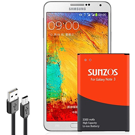 Galaxy Note 3 Battery, SUNZOS 3300mAh Li-ion Replacement Battery for Samsung Galaxy Note 3 [ N9000, N9005 LTE, AT&T N900A, Verizon N900V, Sprint N900P, T-Mobile N900T ] [3 Years Warranty]