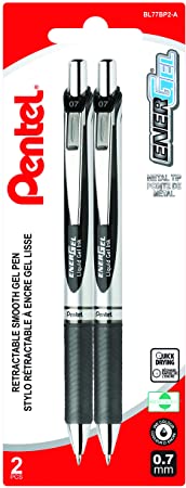 Pentel EnerGel Retractable Liquid Gel Roller, 0.7mm Medium Point Size, 2 Pack, Black Ink - BL77BP2-A