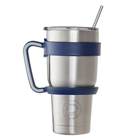 Livin' Well 30oz Tumbler Rambler Insulated Travel Cup Mug | Gift Set - Sliding Lid, Handle, 2 Metal Straws | Double Wall Vacuum Stainless Steel | 24 Hours Ice Retention | Makes a Great Gift (BLUE)