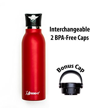 Bend It Sport Vacuum Insulated Stainless Steel Water Bottle Powder Coated With 2 BPA Free Screw Caps: One Standard Mouth Flex Cap Hydration Flask Lid, One Hydro Flip Top Straw Lid Sports Cap (21 oz)