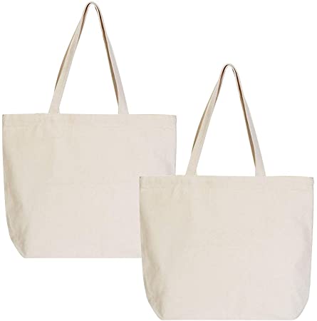 VPAL Large Canvas Tote bags with Zipper Natural Heavy 12oz DIY for Crafting, Ironing and Embroidering Reusable Grocery Washable Bag for Shopping, Wedding and Birthday (2 Pack)