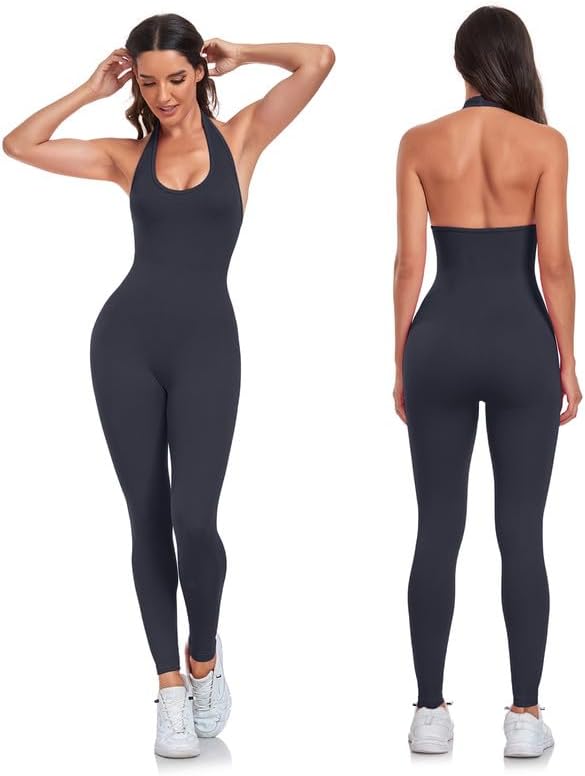 Litthing Women Sexy Yoga Jumpsuit Sleeveless Bodycon One Piece Workout Outfit Halter Neck Unitards Fitness Ribbed Romper