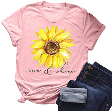 Pukemark Women's Tops Cute Graphic Letter Print Summer Casual Cotton T-Shirt Sunflower Short Sleeve Round Neck Tees