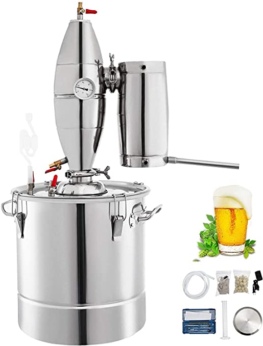 VEVOR 110V Water Alcohol Distiller 20L 5.28 Gal Moonshine Wine Making Boiler Home Kit 304 Stainless Steel with Thermometer Perfect for Whiskey Brandy, Sliver