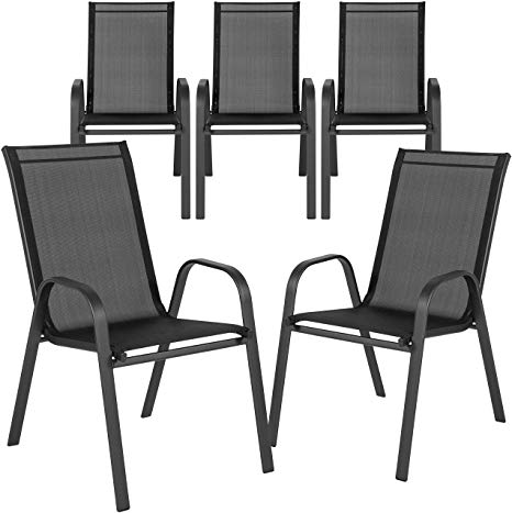 Flash Furniture 5 Pk. Brazos Series Black Outdoor Stack Chair with Flex Comfort Material and Metal Frame